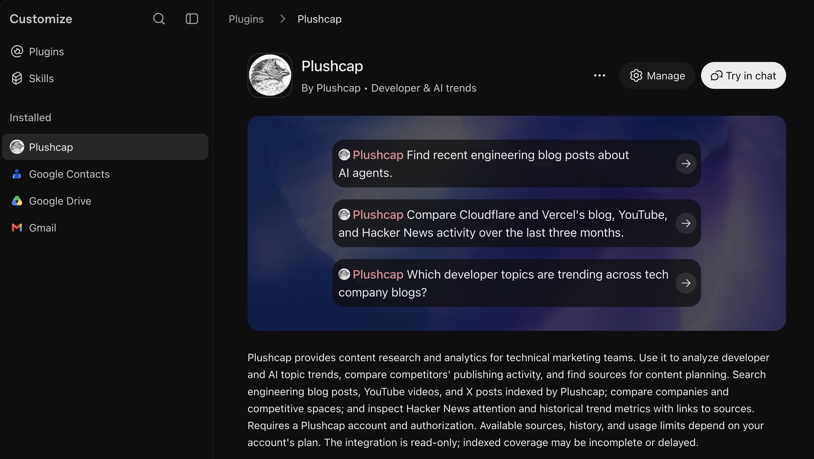 Plushcap plugin in the ChatGPT directory